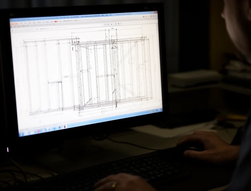 Timber frame drawing on a computer screen with stud positions marked