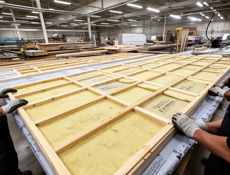 Wall panel being assembled flat on a factory table