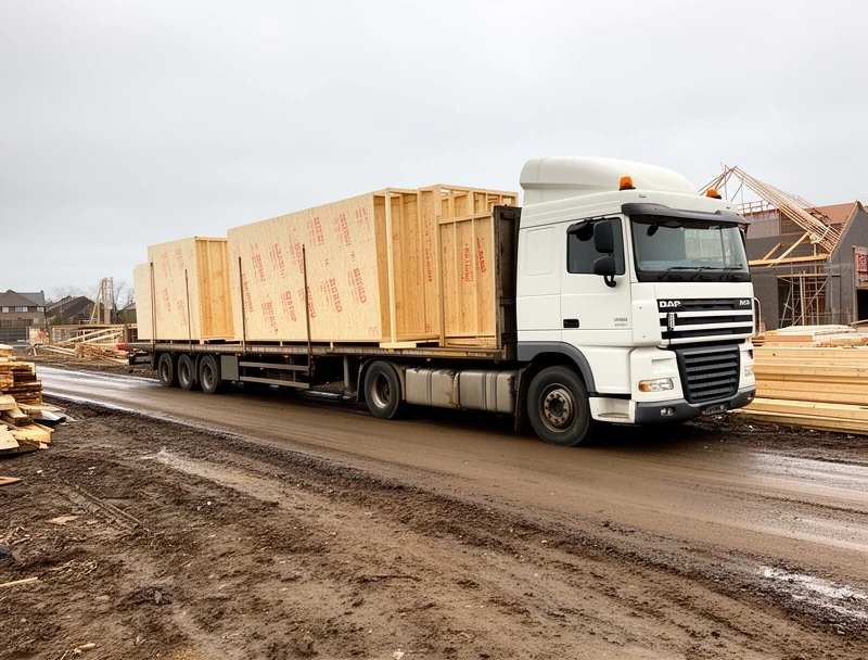 Lorry loaded with labelled timber frame panels