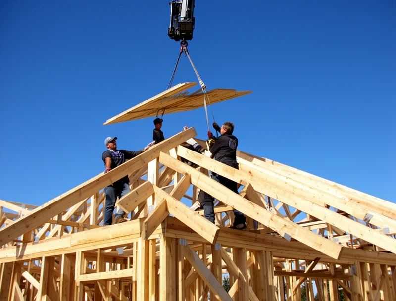 Crew lifting a roof panel into place with a small crane