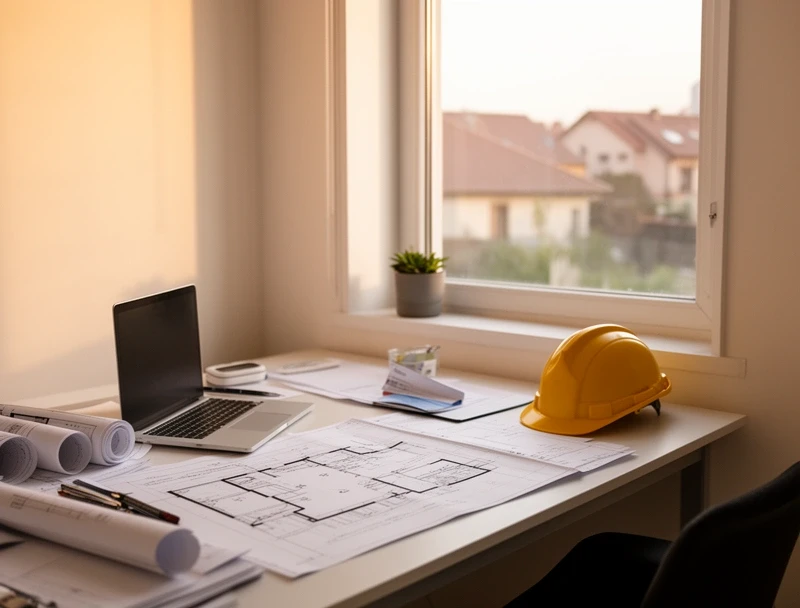 Floor plans and a laptop on a desk in the Shiopan Maison office