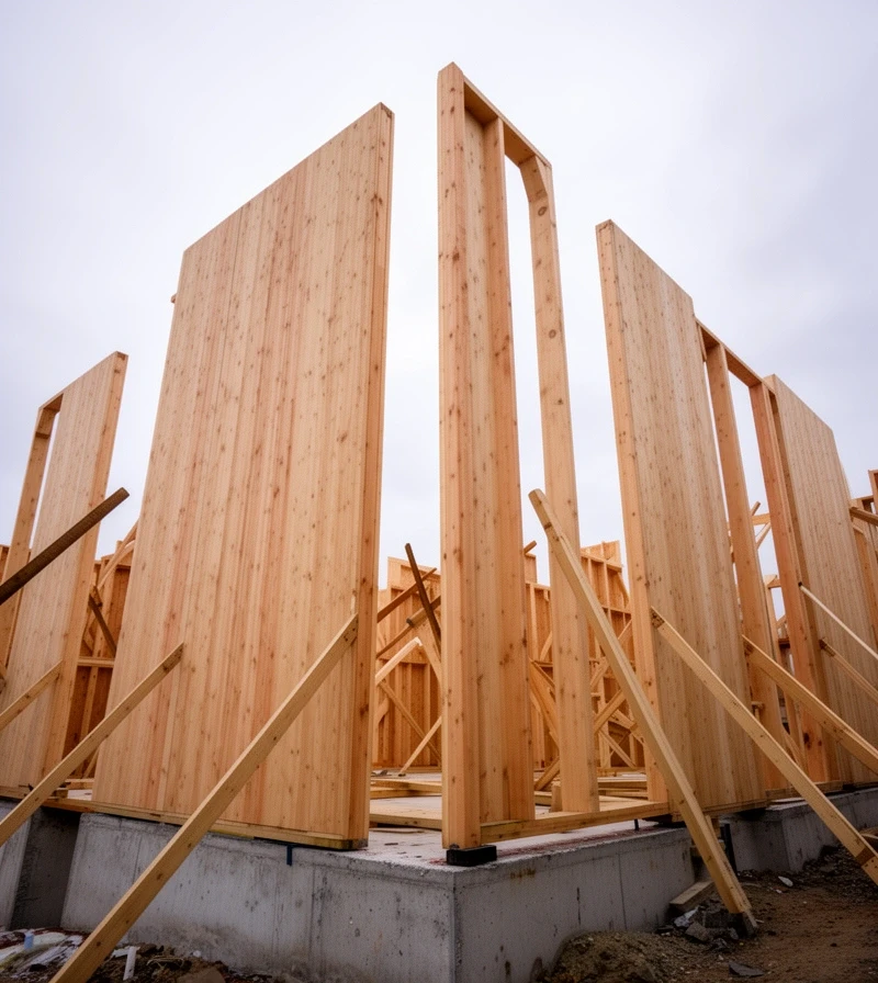 Timber frame wall panels standing on a slab during erection