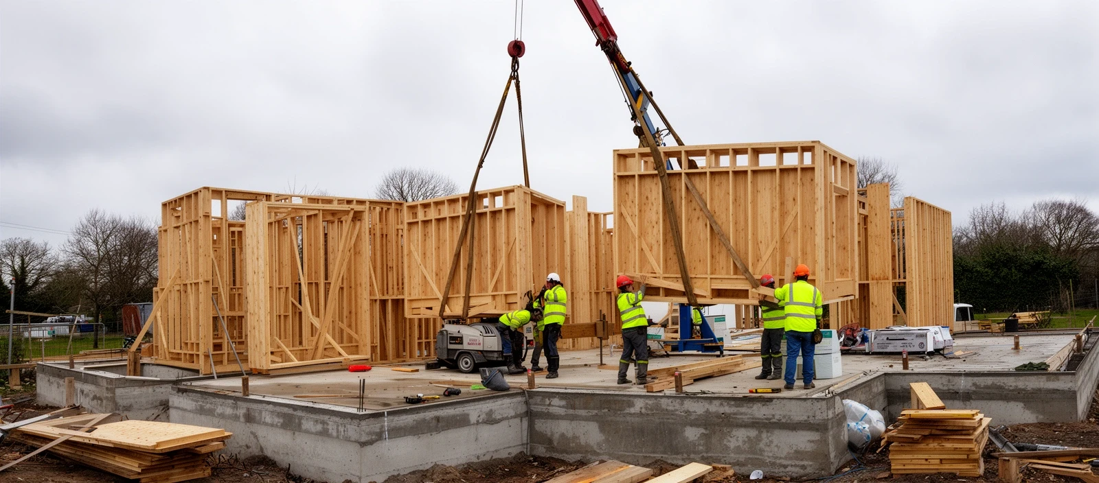 Timber frame wall panels being lifted into place on a housing plot