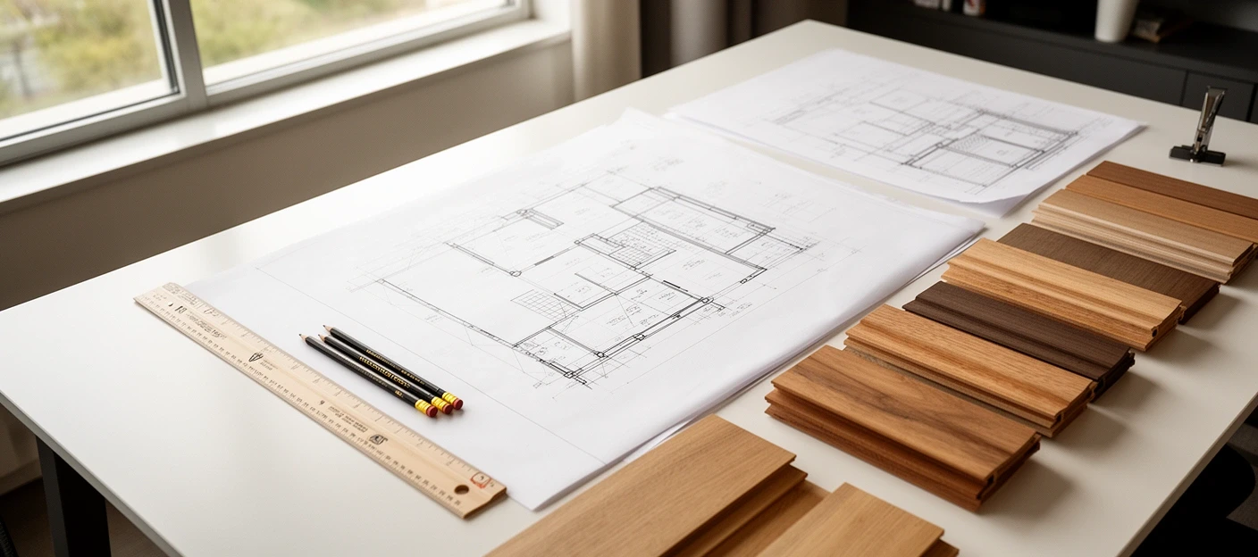House plans, a scale rule and timber samples on a design table
