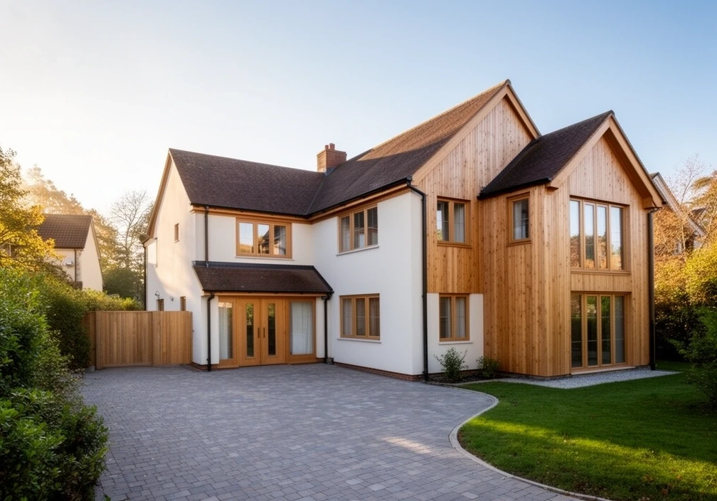 The Edgbaston, a two storey timber frame family house with rendered walls and timber cladding