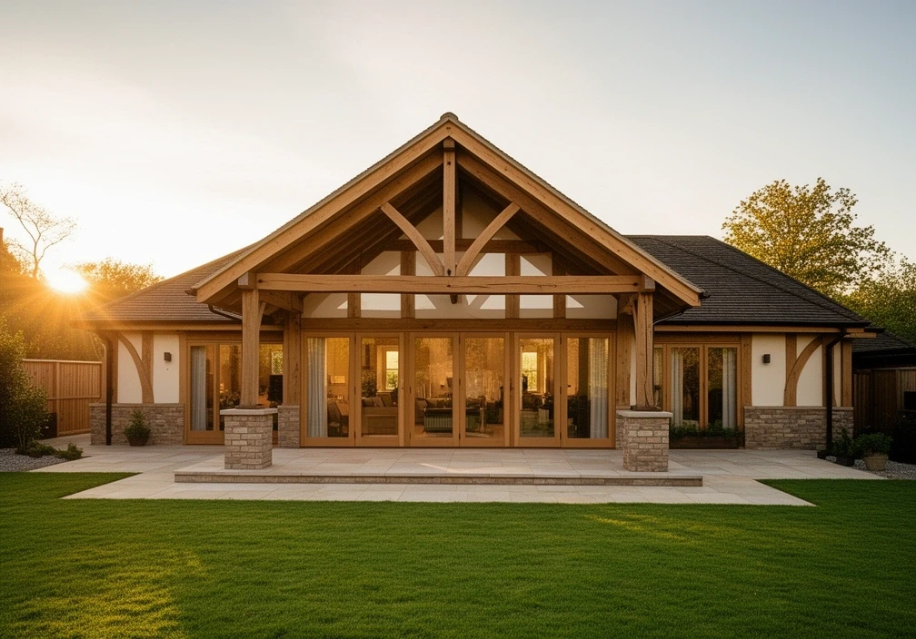 The Harborne, a two bedroom timber frame bungalow with a dual pitch roof and wide glazed doors