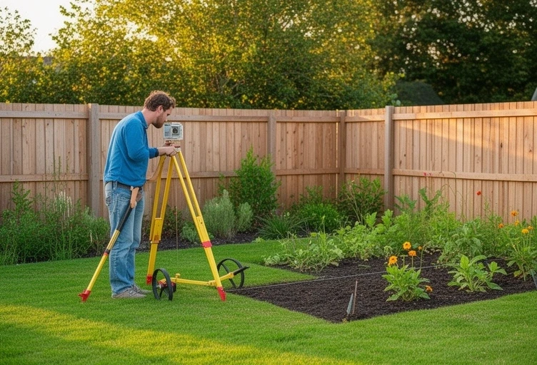 Estimator measuring a garden plot with a surveyor's wheel