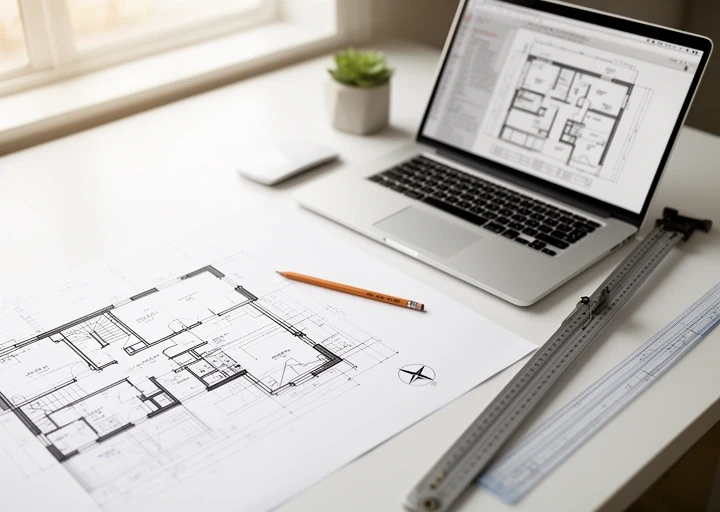 Designer sketching a floor plan at a desk