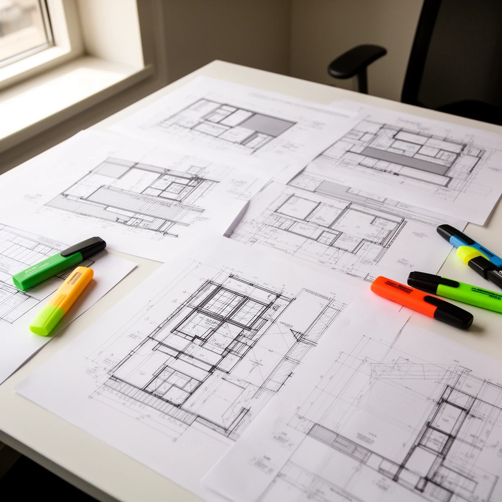 Planning drawings and elevations spread on a table