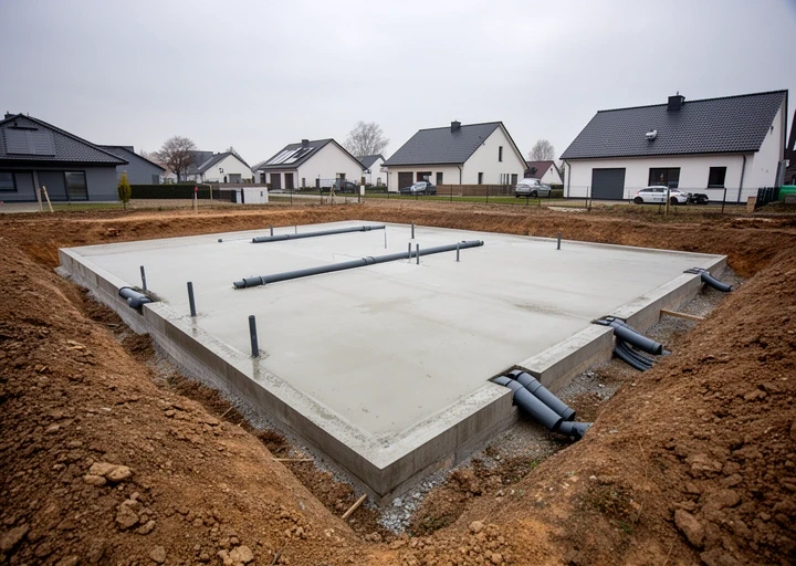 Concrete foundation slab with service ducts ready for a timber frame