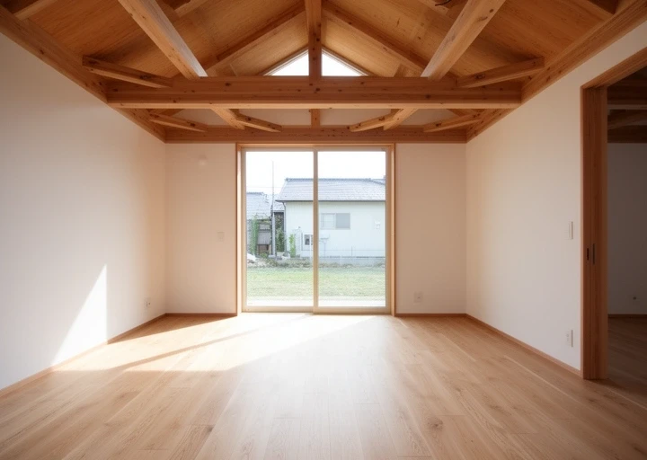 Finished timber frame house interior with light oak floor